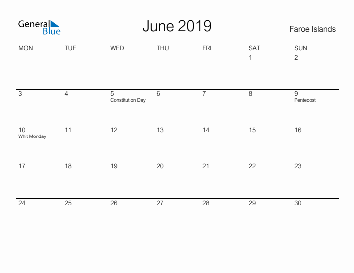 Printable June 2019 Calendar for Faroe Islands