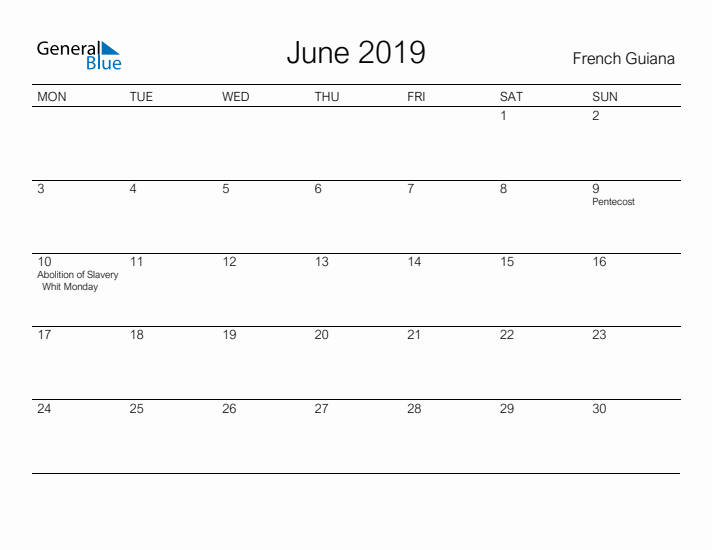 Printable June 2019 Calendar for French Guiana