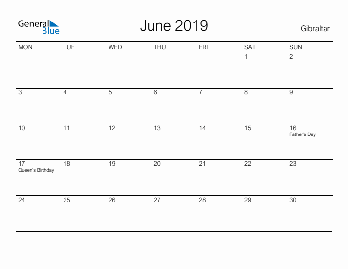 Printable June 2019 Calendar for Gibraltar