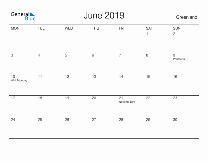 Printable June 2019 Calendar for Greenland