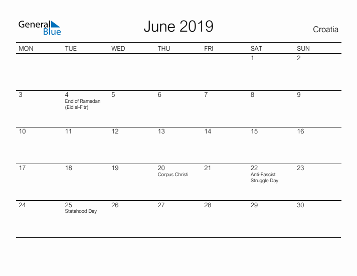 Printable June 2019 Calendar for Croatia