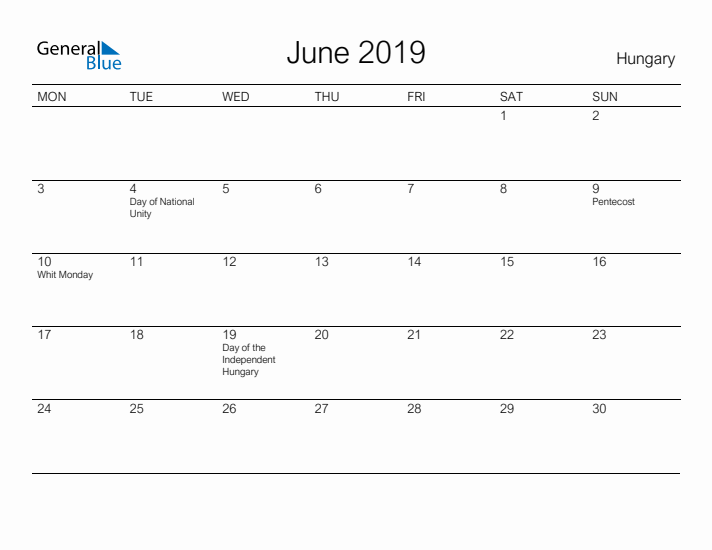 Printable June 2019 Calendar for Hungary