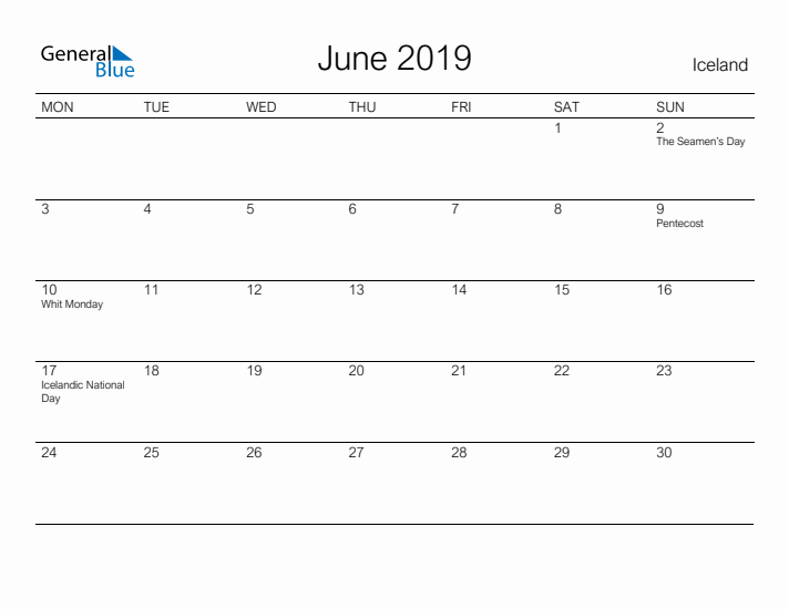 Printable June 2019 Calendar for Iceland