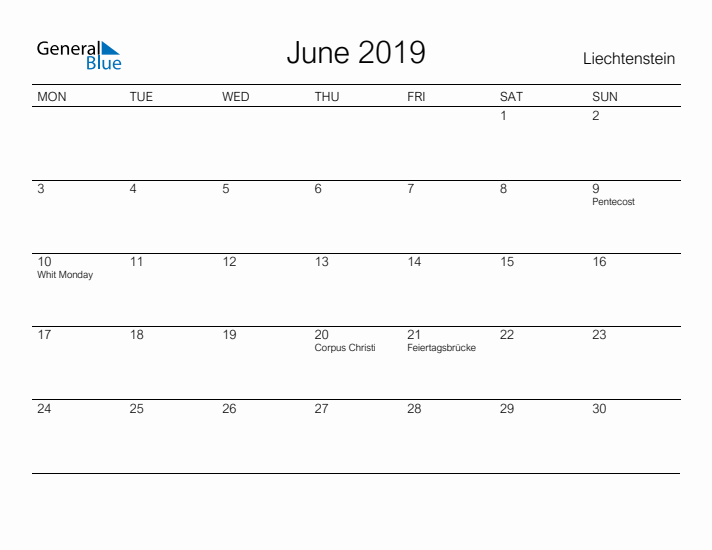 Printable June 2019 Calendar for Liechtenstein