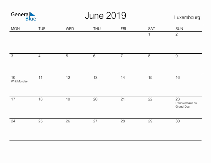 Printable June 2019 Calendar for Luxembourg