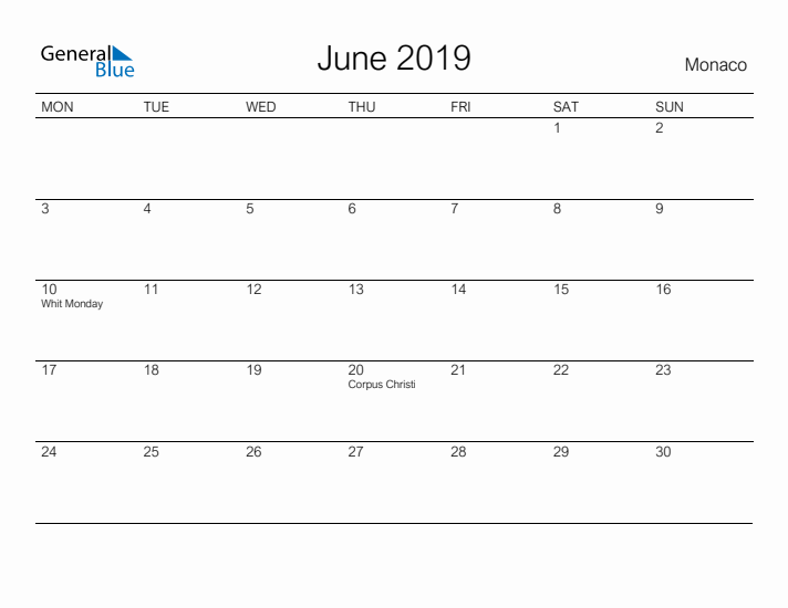Printable June 2019 Calendar for Monaco