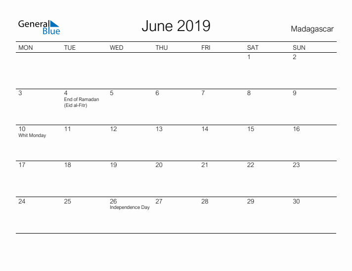 Printable June 2019 Calendar for Madagascar