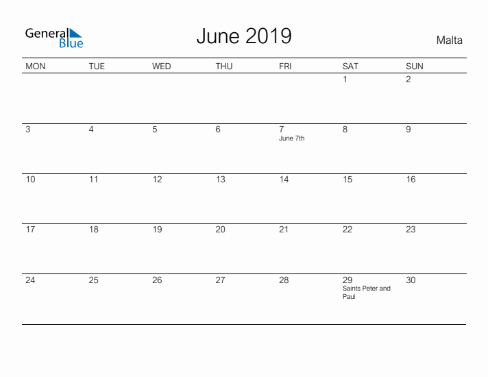 Printable June 2019 Calendar for Malta
