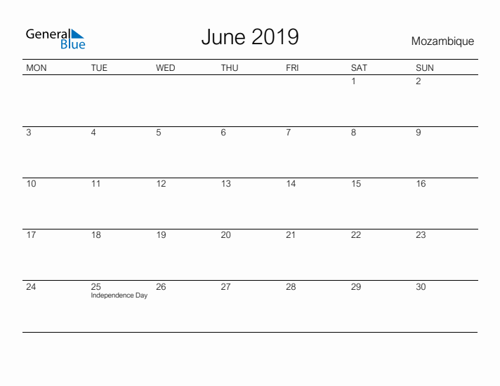 Printable June 2019 Calendar for Mozambique