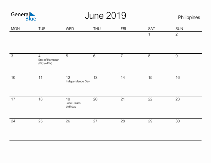 Printable June 2019 Calendar for Philippines