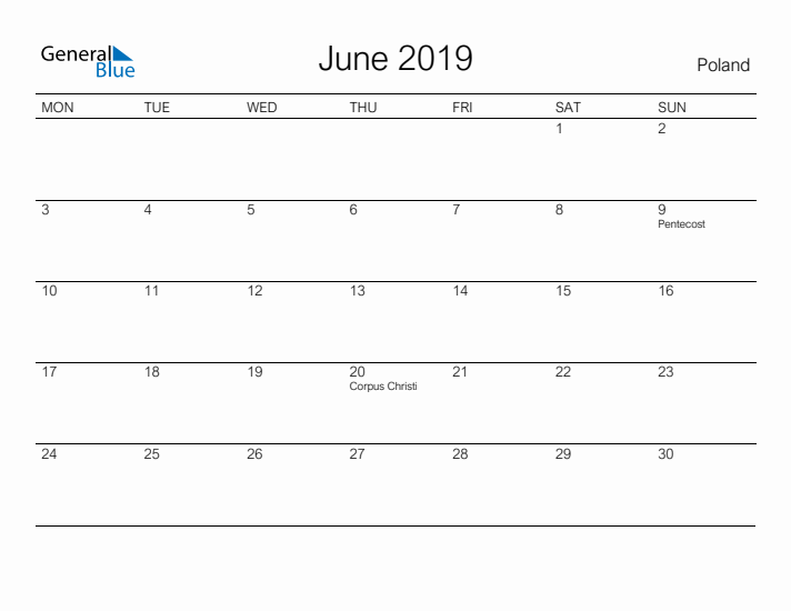 Printable June 2019 Calendar for Poland