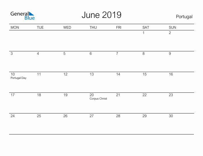 Printable June 2019 Calendar for Portugal