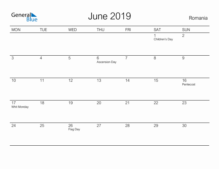 Printable June 2019 Calendar for Romania