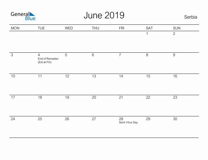 Printable June 2019 Calendar for Serbia