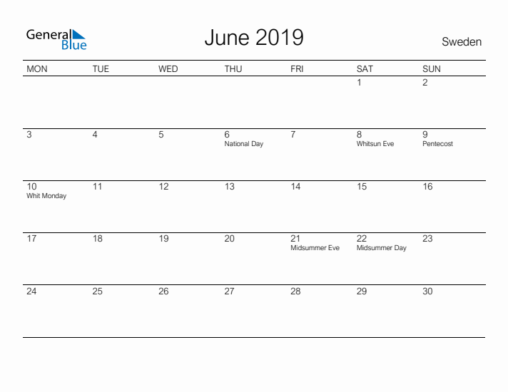 Printable June 2019 Calendar for Sweden
