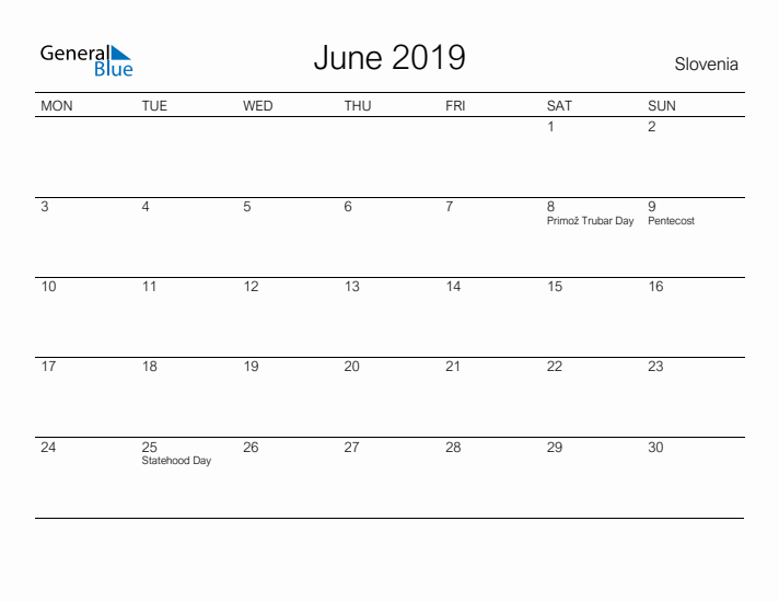 Printable June 2019 Calendar for Slovenia