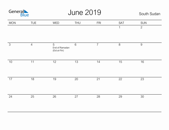 Printable June 2019 Calendar for South Sudan