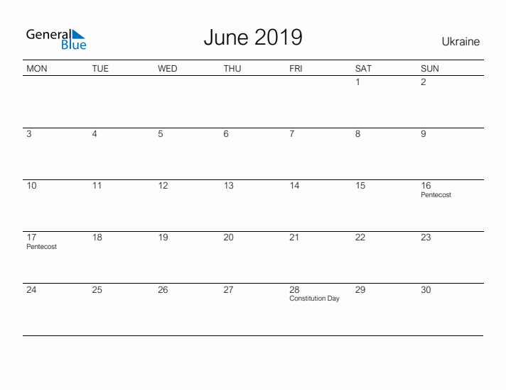 Printable June 2019 Calendar for Ukraine