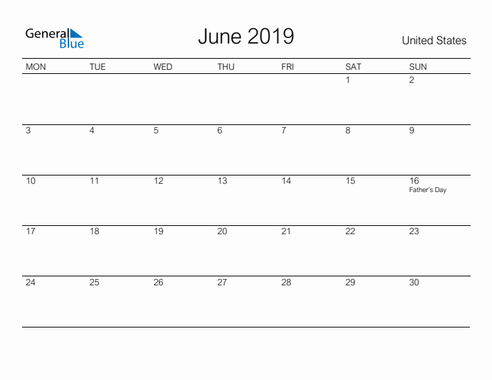 Printable June 2019 Calendar for United States