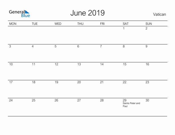 Printable June 2019 Calendar for Vatican
