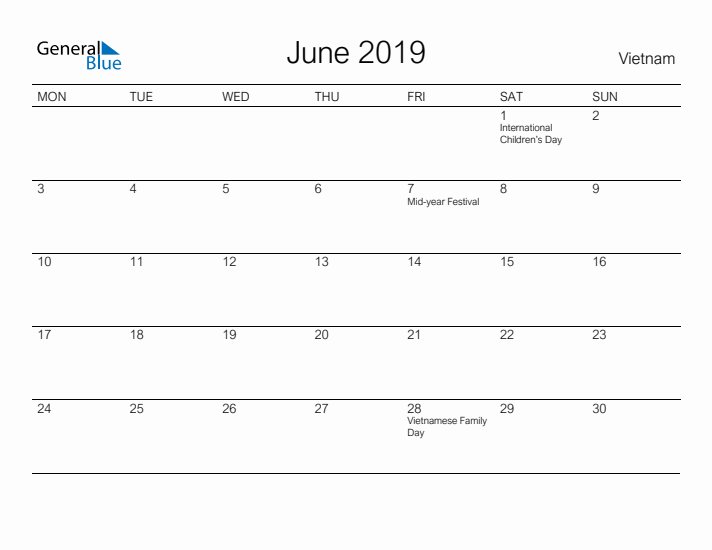 Printable June 2019 Calendar for Vietnam