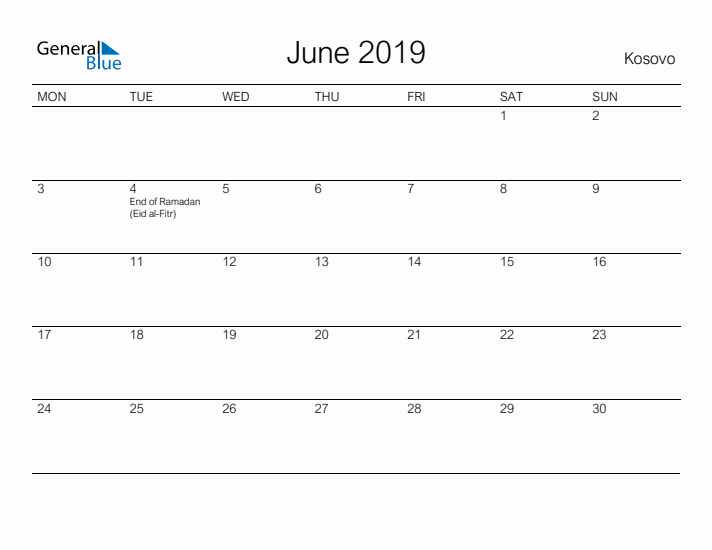 Printable June 2019 Calendar for Kosovo