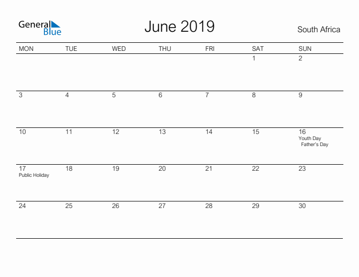 Printable June 2019 Calendar for South Africa