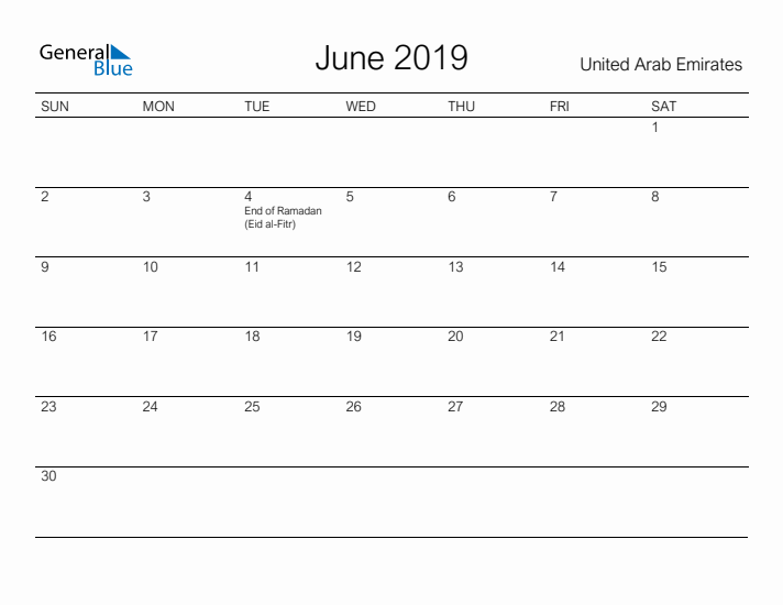 Printable June 2019 Calendar for United Arab Emirates