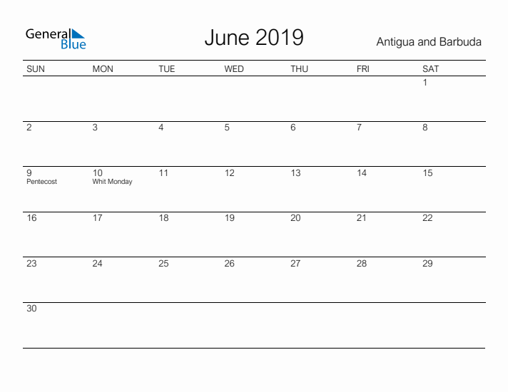 Printable June 2019 Calendar for Antigua and Barbuda