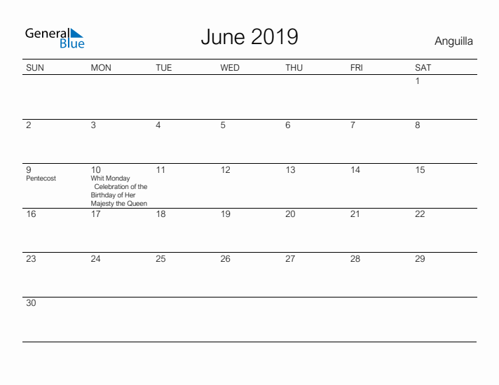 Printable June 2019 Calendar for Anguilla