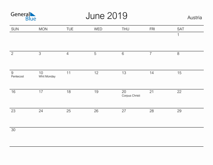 Printable June 2019 Calendar for Austria