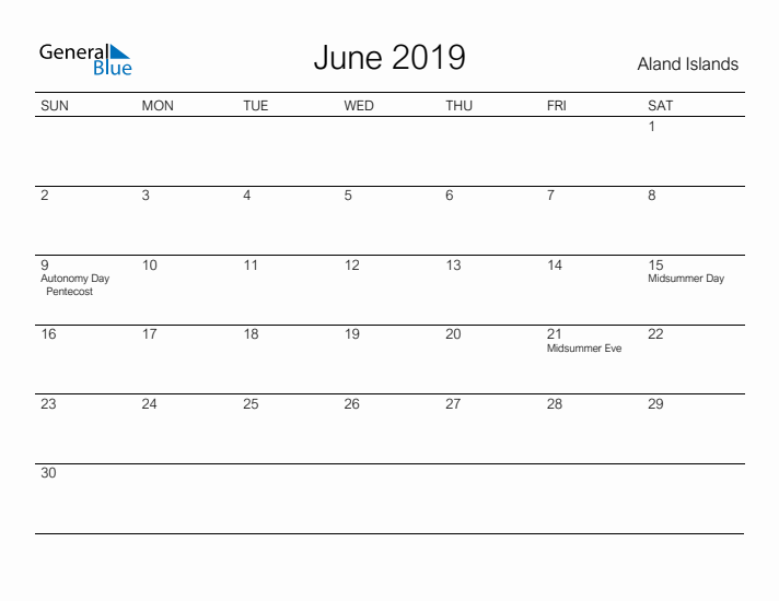 Printable June 2019 Calendar for Aland Islands