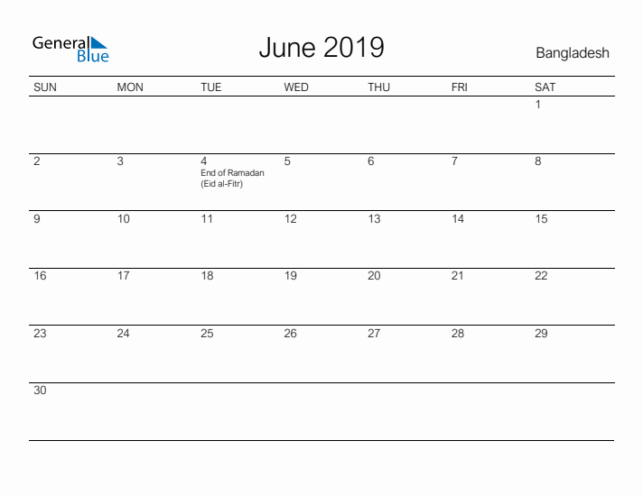 Printable June 2019 Calendar for Bangladesh