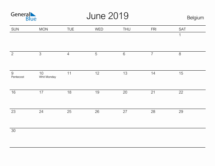 Printable June 2019 Calendar for Belgium