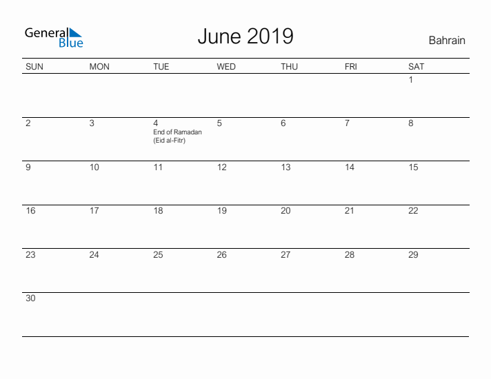 Printable June 2019 Calendar for Bahrain