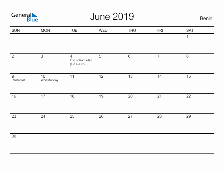 Printable June 2019 Calendar for Benin
