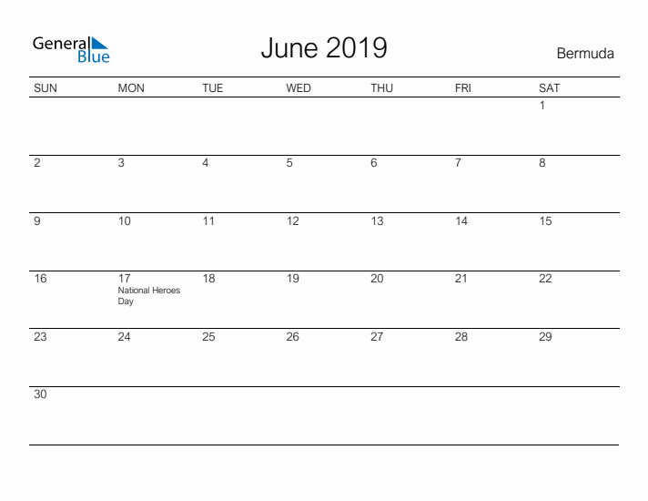 Printable June 2019 Calendar for Bermuda