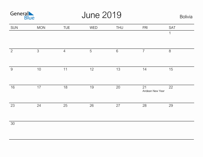 Printable June 2019 Calendar for Bolivia