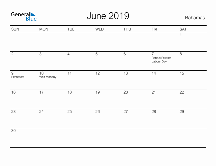 Printable June 2019 Calendar for Bahamas