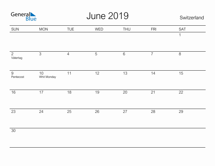 Printable June 2019 Calendar for Switzerland