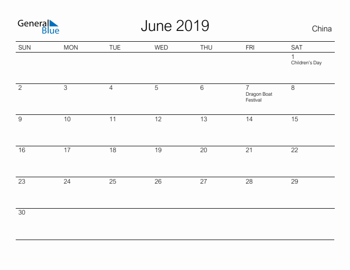 Printable June 2019 Calendar for China