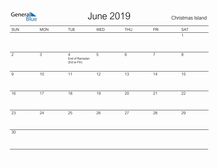 Printable June 2019 Calendar for Christmas Island