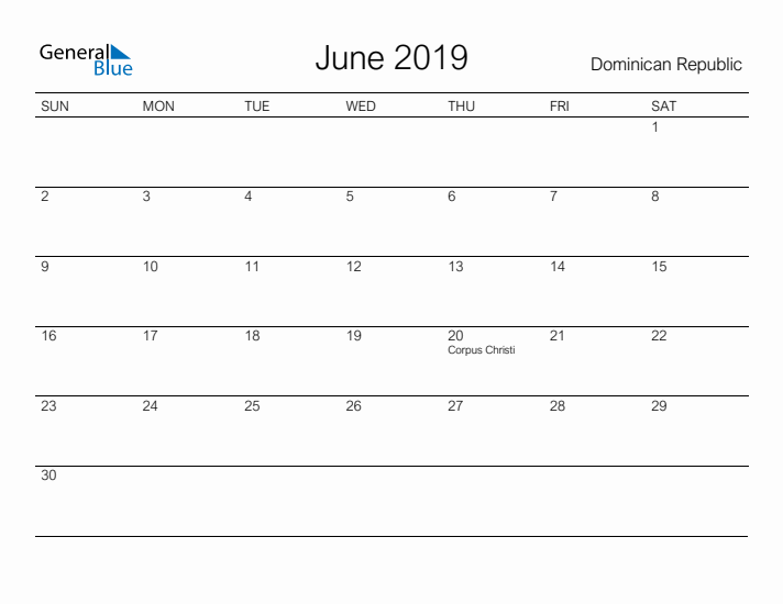 Printable June 2019 Calendar for Dominican Republic