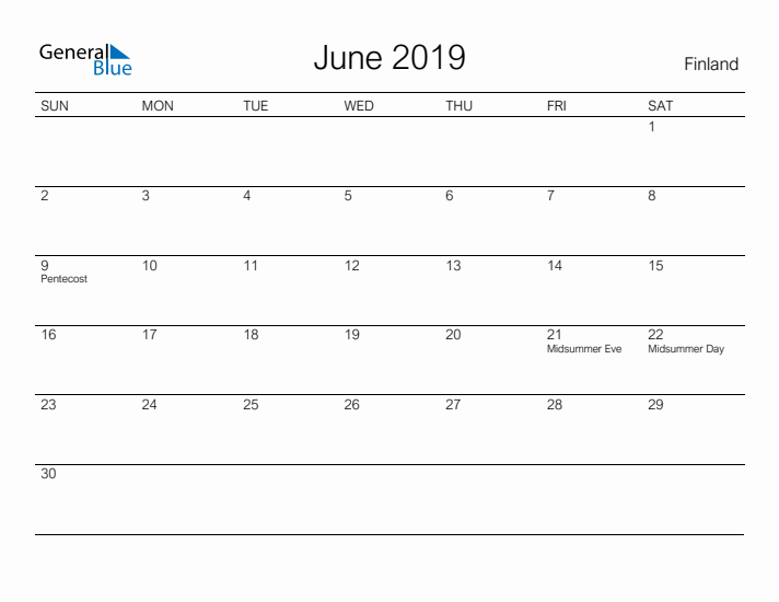 Printable June 2019 Calendar for Finland