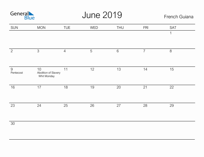 Printable June 2019 Calendar for French Guiana