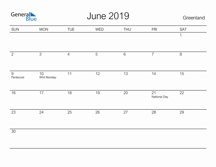 Printable June 2019 Calendar for Greenland