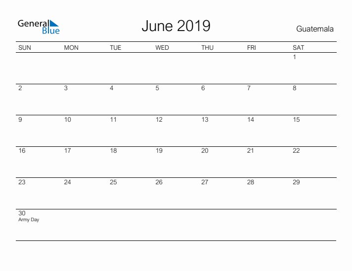 Printable June 2019 Calendar for Guatemala