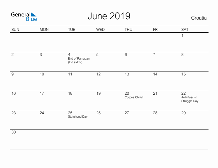 Printable June 2019 Calendar for Croatia