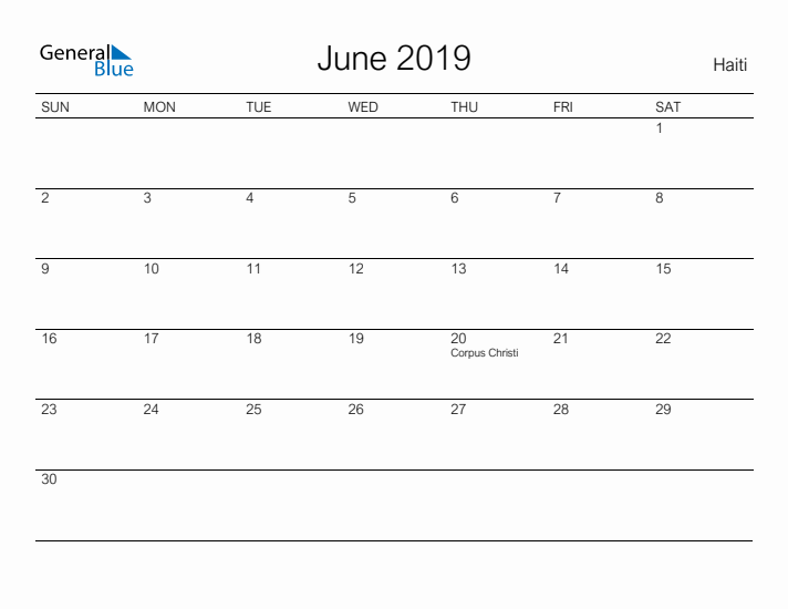 Printable June 2019 Calendar for Haiti