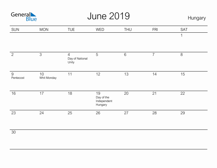 Printable June 2019 Calendar for Hungary